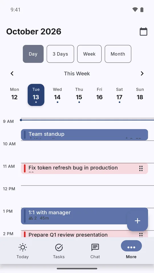 Calendar Day view for Tuesday, October 13, showing meetings and Prio tasks together, with 3 Days, Week, and Month options.
