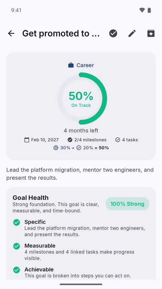 Career goal at 50% and On Track, with milestones, linked tasks, and a Goal Health check rated 100% Strong.