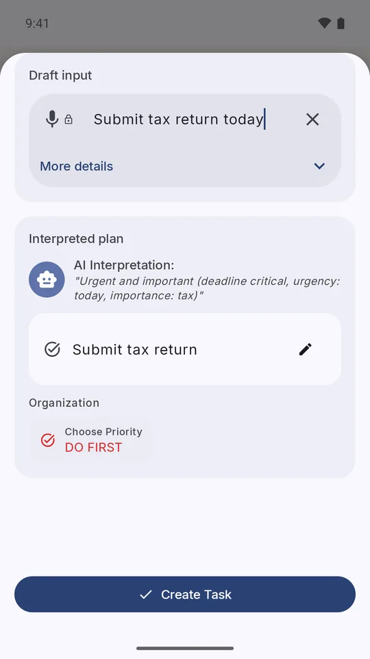 Quick Capture turning “Submit tax return today” into a Do First task, with the interpretation shown for review.