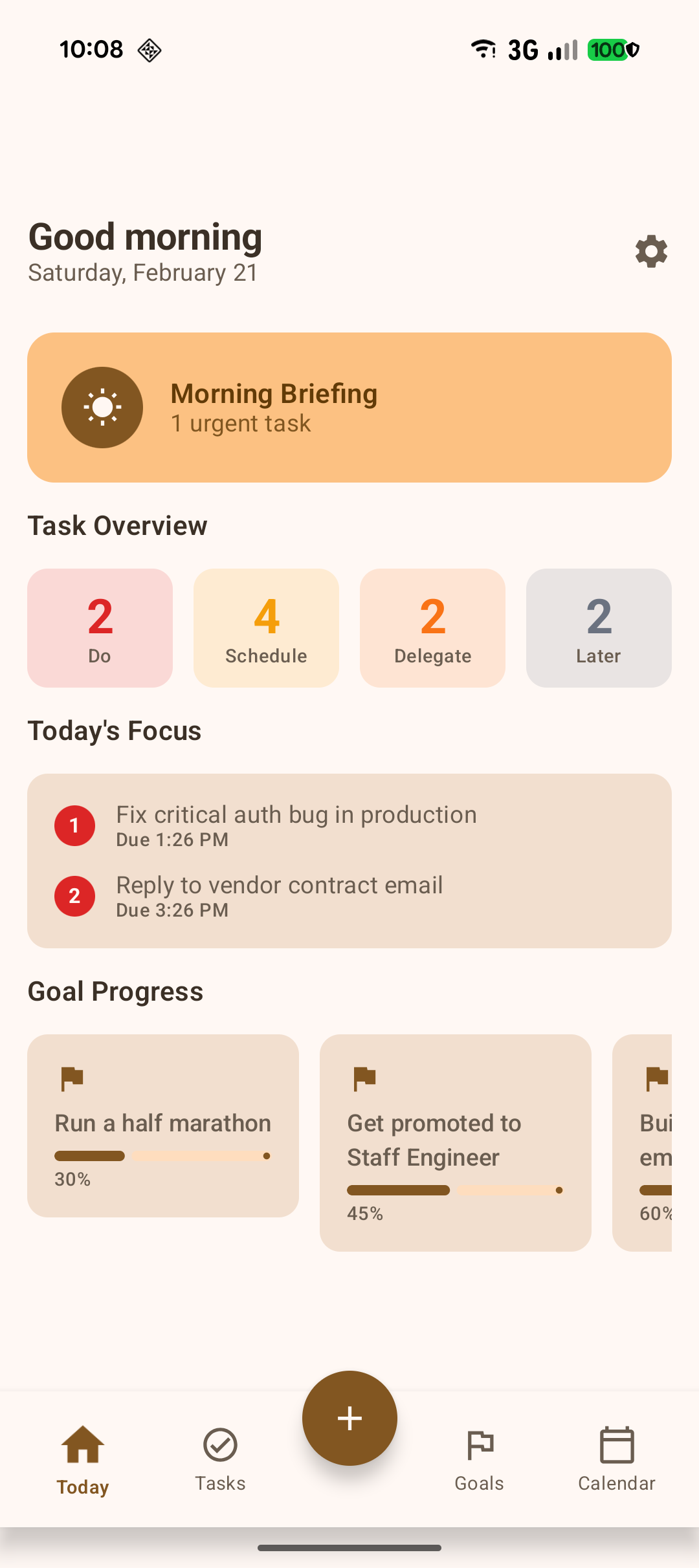Eisenhower Matrix dashboard showing tasks organized by priority