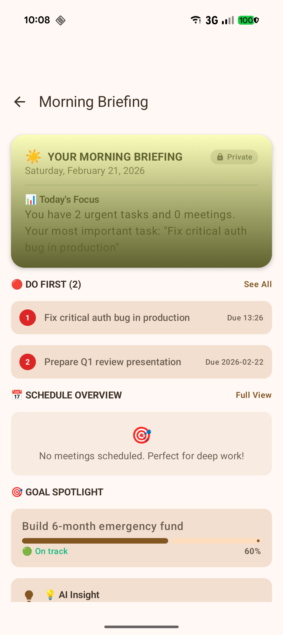 Morning briefing with today's priorities