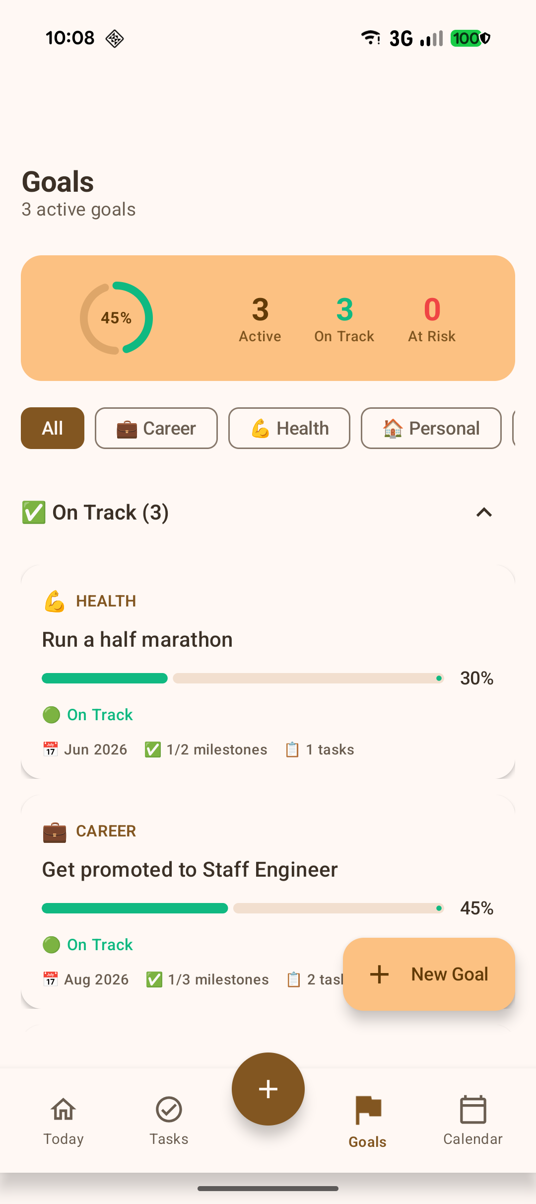 Goals with milestone tracking and progress