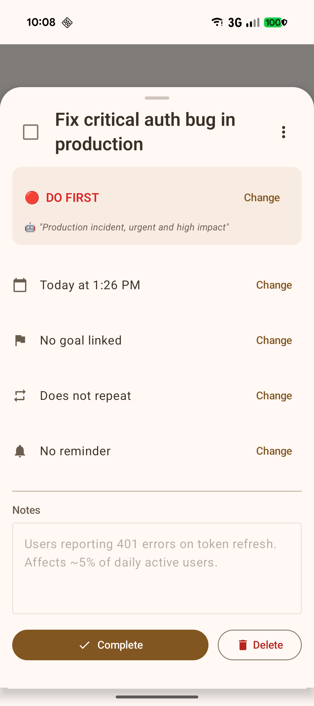 Task detail with reminders and subtasks